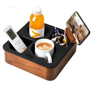 Couch Cup Holder Tray, Acacia Wooden Couch Caddy with Rotatable Phone Holder for Bed Organizer, Waterproof Anti-spill Sofa Cup Holder for Snacks Beverage Remote Black