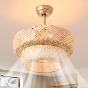 Boho Caged Ceiling Fans 18.9" Rattan Ceiling Fan Bamboo Kitchen Light Fixture with Fan Fandelier with Lights and Remote 6 Speeds for Bedroom Nursery Living Room, E26 Base (H024)