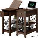Narrow End Table with Charging Station - Farmhouse Slim Side Table Set of 2, w/USB Ports Power Outlets, Nightstand w/Flip Top Storage Drawer, for Small Spaces Living Room Bedroom, Walnut