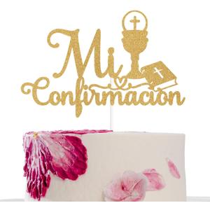Spanish Mi Confirmacion Cake Topper, First Holy Communion, My Baptism, Religious Christening Baptism Baby Shower Wedding Bridal Shower Party Decorations Gold Glitter