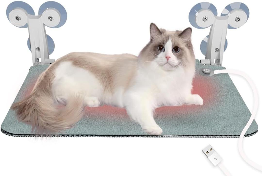 Heated Window Perch with 6 Suction Cups for Winter, Foldable Window Sill Mount Hammock for Indoor Cats, Large Cordless Metal Frame Bed for Windowsill, Grey