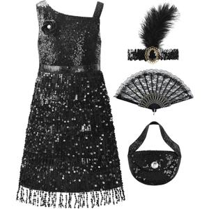 ReliBeauty Roaring 20s Girls Flapper Dress 1920s Costume with Headband and Bag (7-8/130, Black)