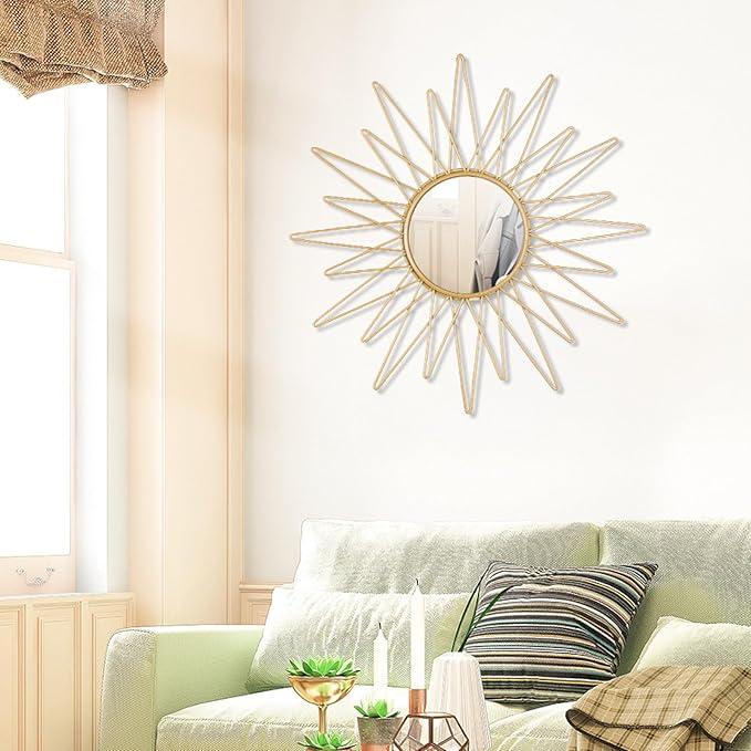 Gold Mirrors for Wall, Metal Sunburst Wall Mirror for Room Decor & Home Decor 15 inch Boho Wall Art Decorative Mirror, A