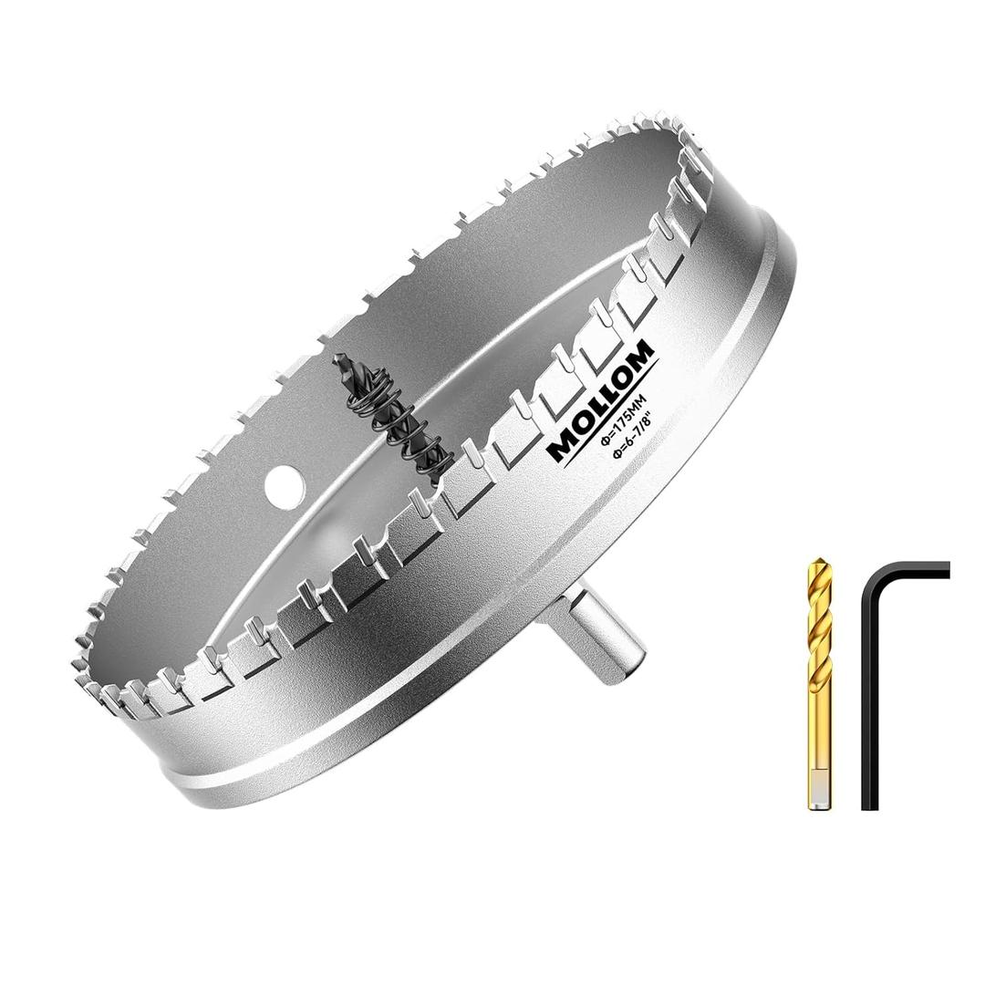 Mollom (6-7/8''|175mm) Heavy Duty Carbide Hole Saw with 2 Pilot Drill Bits, Hole Cutter cuts Stainless Steel, mild Steel, Iron, Copper, Brass, Plastic