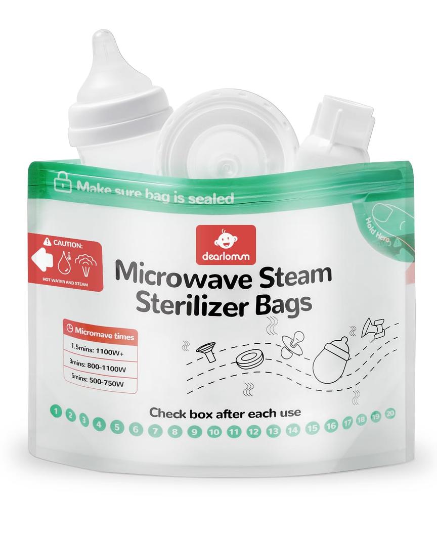 dearlomum Microwave Steam Sterilizer Bag for Baby Bottles 8 Count (20 Uses Per Bag), Reusable Travel Sterilization Pouches, Disinfection Container for Baby Pacifiers and Breast Pump Accessories