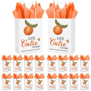 Engrowtic 50 Sets Little Cutie Baby Shower Favor Gift Bags - Orange With Handles and Tissue Paper - on the Way Decorations for Guests Return Gift