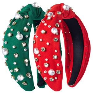 2Pcs Christmas Headbands for Women, Solid Color Rhinestones Holiday Knot Hair Hoops, Festive Pearl Hair Accessory Gift(Red&Green)