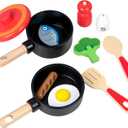 Wooden Play Kitchen Accessories for Toddlers, Kids Pretend Play Pots and Pans Food Cooking Toy, 11 Pieces Montessori Kitchen Tools Gifts for Boys Girls Ages 3 4 5 6 Years Old