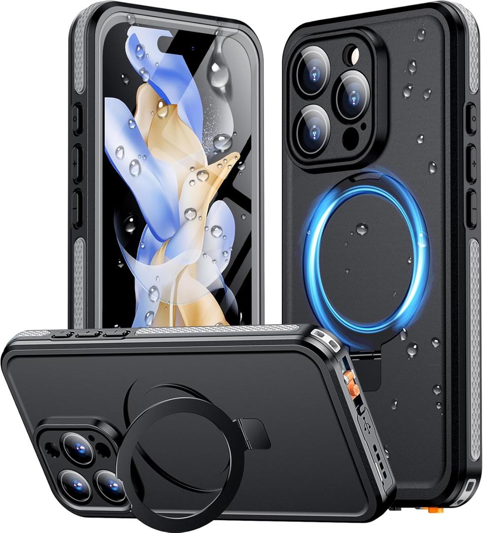 Temdan Magnetic for iPhone 16 Pro Case Waterproof, [Built-in Ring Invisible Stand & Screen Protector][IP68 Underwater][Dropproof][Dustproof][Real 360] Shockproof Protective Phone Case 6.3'' -Grey