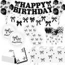 Black Bow Birthday Party Decorations, Black Coquette Birthday Decorations Bow Happy Birthday Banner Black and White Balloons, 24 Guests Plates Napkins Forks Tablecloth, Coquette Birthday Supplies