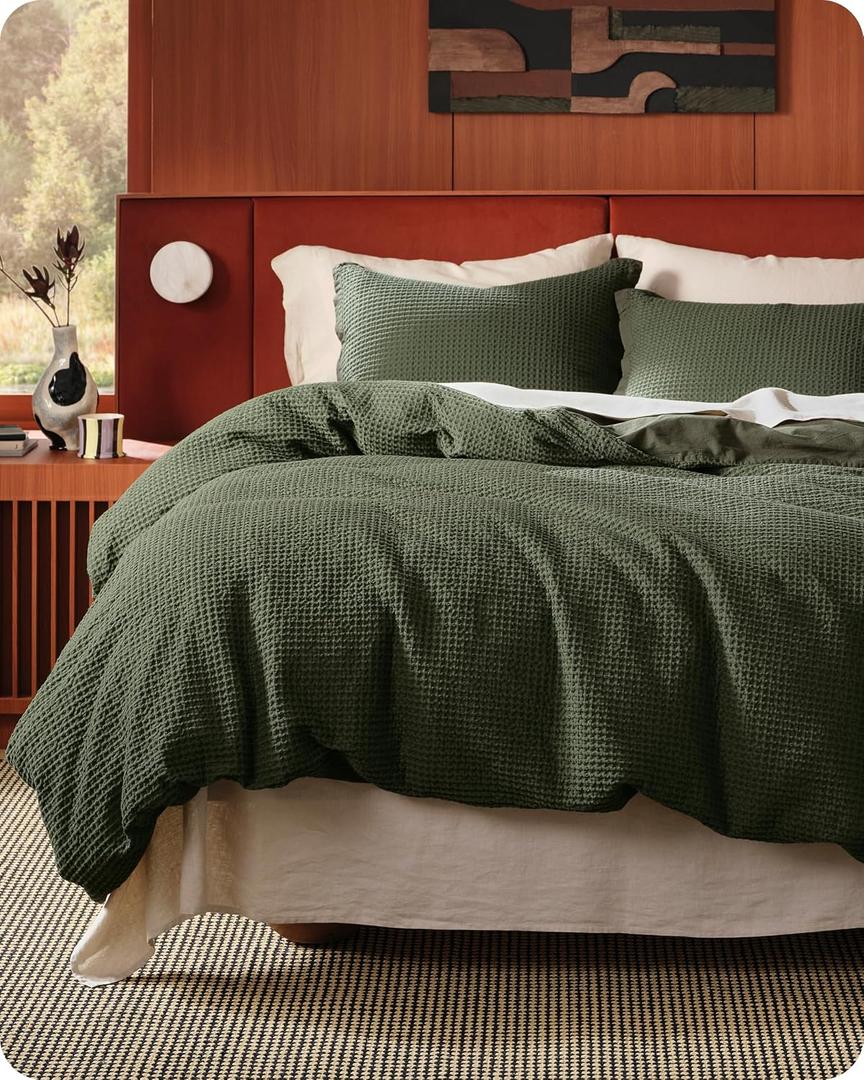 Bedsure Cotton Duvet Cover Set - 100% Cotton Waffle Weave Olive Green Duvet Cover Oversized Queen Size, PureWoven Breathable Bedding Set for All Season, 3 Pieces, 98"x98"