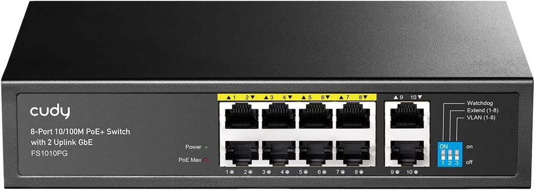 Cudy 8 Port Fast Ethernet 100Mbps PoE Switch 8 PoE+ Ports @120W, Plug & Play Sturdy Metal w/Shielded Ports Extend Mode Priority Mode FS1010PG Cudy 8 Port Fast Ethernet 100Mbps PoE Switch 8 PoE+ Ports @120W, Plug & Play Sturdy Metal w/Shielded Ports Extend Mode Priority Mode FS1010PG