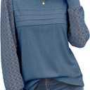 Tankaneo Womens Long Sleeve Lace Tops Casual Eyelet Tunic Shirts Crewneck Pleated Fall Blouses (Small, Blue Grey)