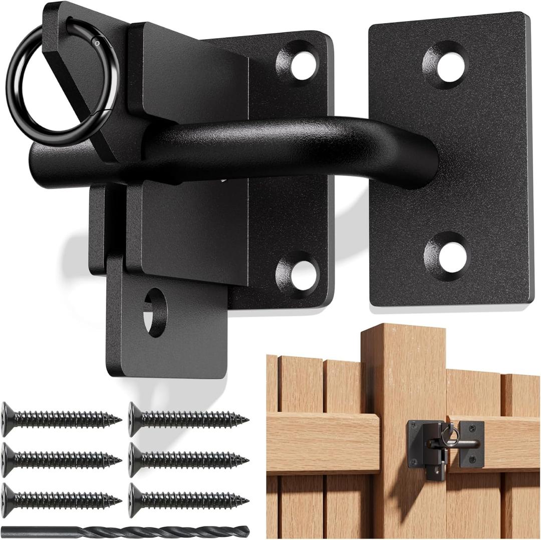 Heavy Duty Self Locking Fence Gate Lock Latch Stainless Steel, Wooden Post Mount Gate Door Latch Matte Black 1Pack