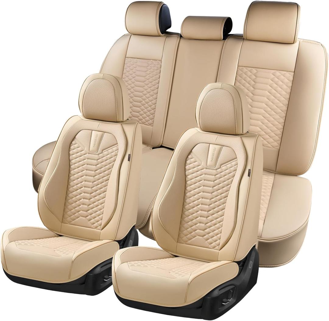 Coverado Car Seat Covers Full Set, Waterproof Nappa Leather Seat Covers for Cars, Universal 5 Seats Car Seat Covers, Front and Back Car Seat Protector, Auto Seat Covers Fit for Most Cars, Beige