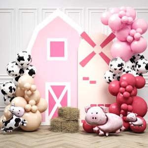 HOUSE OF PARTY Cow Balloons Garland - 110 Pcs with Baby Cow Foil Balloon | Western Cow Print Pink, Red & Peach Balloons for Animals Party & Cowboy Baby Farm Theme Decoration