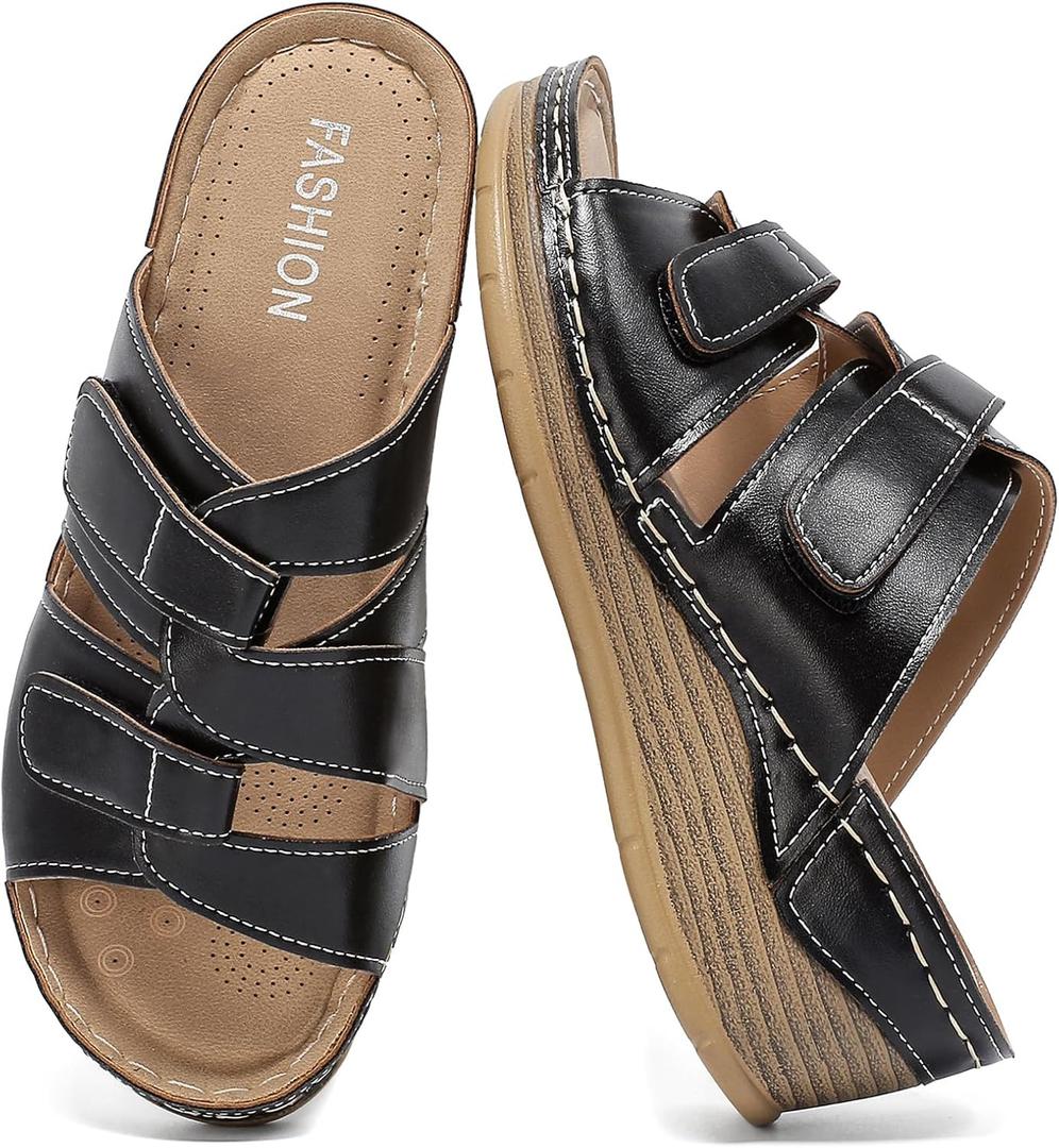 Womens Wedge Sandals Leather, Comfortable Slip On Slides Dressy, Orthopedic Sandals for Women, Open Toe Casua Arch Support Platform ladies Sandal Chunky Shoes (8.5, Black)