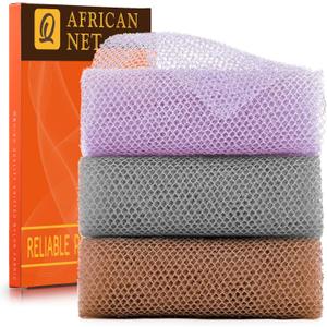 UJFQBH 3 Pieces African exfoliating net African Net Long Net Bath Sponge Exfoliating Shower Body Scrubber Back Scrubber Skin Smoother,Great for Daily Use (PurpleGrayBrown)