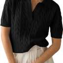 Imily Bela Women's Cable Short Sleeve Sweaters Tops Solid Lapel V Neck Knit Casual Soft Pullover Shirt M