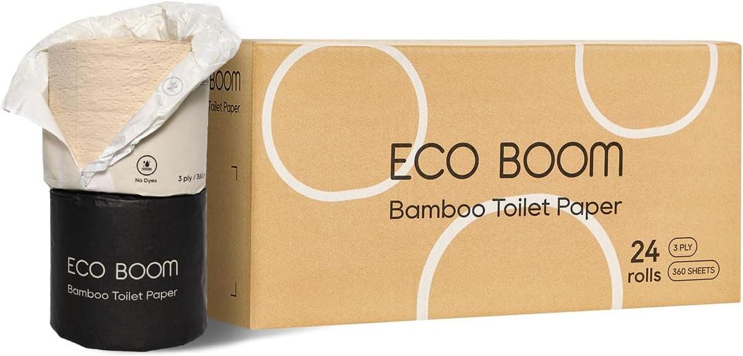 ECO BOOM Unbleached Bamboo Toilet Paper, 100% Tree-Free & Plastic-Free Packaging, 24 Mega Rolls, 360 Sheets & 3-Ply | PFAS Free, BPA Free, Septic Safe & FSC Certified