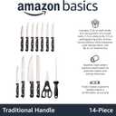 Amazon Basics 14-Piece High Carbon Stainless Steel Kitchen Knife Set with Full Tang Construction, Ergonomic Handles, Sharpener and Pinewood Block, Black