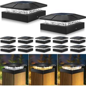 Peasur 4x4 Solar Post Cap Lights Outdoor 12 Packs, 3 Lighting Modes LED Post Light Solar Powered Waterproof, Fence Deck Lights for Wood/Vinyl Posts (Black)