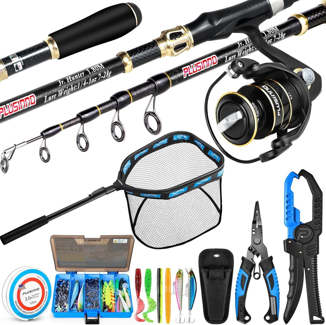 PLUSINNO Fishing Gear,Full Fishing kit Include Fishing Rod and Reel Combo, Tackle Box with Fishing Lures, Fishing Accessories, Fishing Pliers,Fishing Gifts for Men with Fishing Tool Kit