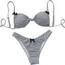 GORGLITTER Women's Y2k Gingham Bikini Set 2 Piece Bow Swimsuit Triangle High Cut Bathing Suit (Large, Black and White)