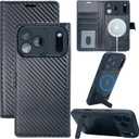 Magnetic Detachable Wallet Case for iPhone 17 Pro Max, Compatible with MagSafe Built-in 3-Ways Kickstand & RFID Blocking Card Slots, Carbon Fiber Leather Flip Case with Stand (Black)