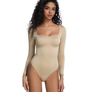 Yuiseaik Women's Square Neck Long Sleeve Bodysuit, Slim Fit One-Piece Top, Black White Beige (Nude, M)