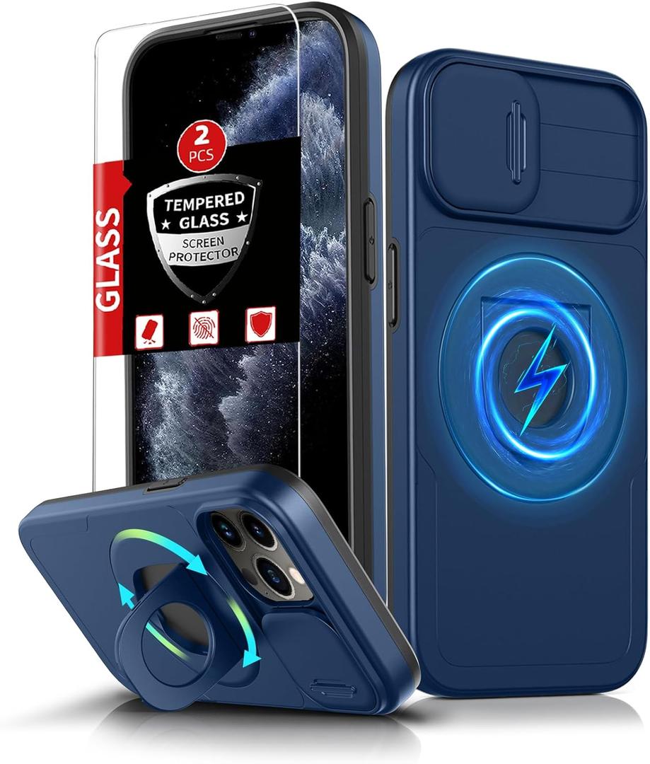 For iPhone 11 Pro Case Magnetic Compatible with MagSafe Wireless Charging,with 2 Screen Protectors,Built-in 360Kickstand Ring+Camera Cover Anti-Scratch Shockproof Heavy Duty Protection Blue