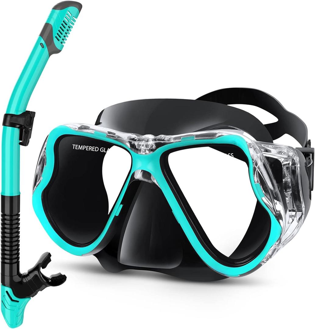 Greatever Dry Snorkel Set,Panoramic Wide View,Anti-Fog Scuba Diving Mask,Professional Snorkeling Gear (Adults, Black Green)
