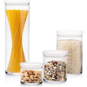 Libbey Stacking Cylinder Assorted Storage Jars, Stackable Glass Jars Set of 4, Airtight Plastic Lids, Dishwasher Safe Food Jars for Storing Dry Goods, 4-Piece Set