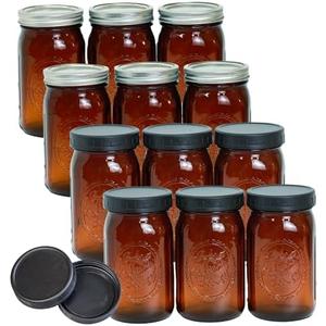 Jumterlee Only11Pack 32 oz Amber Mason Jars, Wide Mouth Mason Jars with Lids and Bands and 12 Black Plastic Mason Jar Lids, Canning Jars Used for Canning, Pickling, Juice, Jam, Jelly