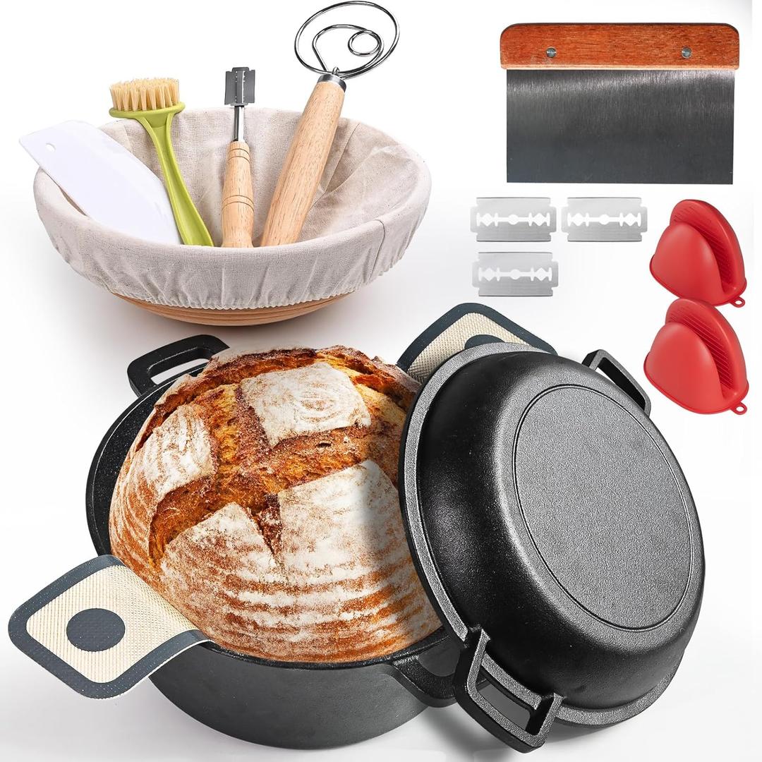 Advanced Cast Iron Dutch Oven for Baking, With Banneton Bread Proofing Basket & Baking Supplies, 5QT Multi-Functional Dutch Oven Pot with Lid, Cast Iron Bread Pan, Black