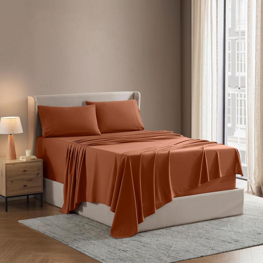 Nestl King Bed Sheet Set - Rust - Instantly Soft Microfiber, No Break-in Wash - 4-Piece Deep Pocket Sheets & Pillowcases, Stays Put All Night