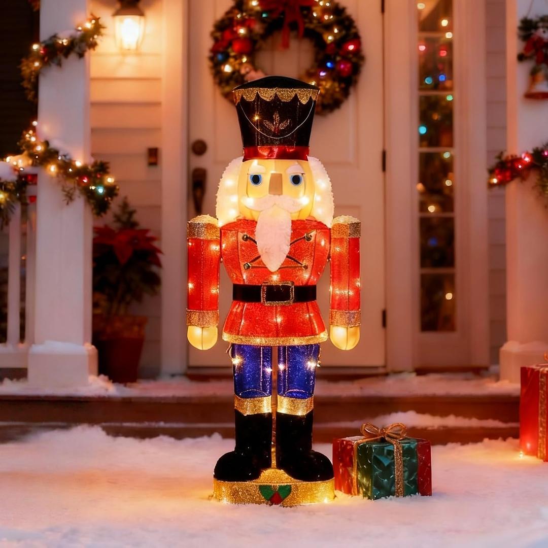 Hausse Lighted Christmas Outdoor Decor, 37.5" Height Pre-Lit 3D Tinsel Xmas Nutcracker Soldier Figure, Light Up Xmas Yard Displays, Plug in for Holiday Party New Year Winter Patio Lawn Garden