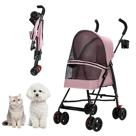 Cat Stroller Foldable Lightweight for Small Dogs Cats 0-15 lbs Pink | Dog strollers for small dogs, 4 wheels, cup holder, breathable mesh.Perfect for travel, hiking, and outdoor adventures