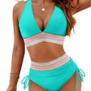 Blooming Jelly Women High Waisted Bikini Sets Tummy Control Swimsuits Color Block Two Piece Drawstring Bathing Suit (Medium, Turquoise)