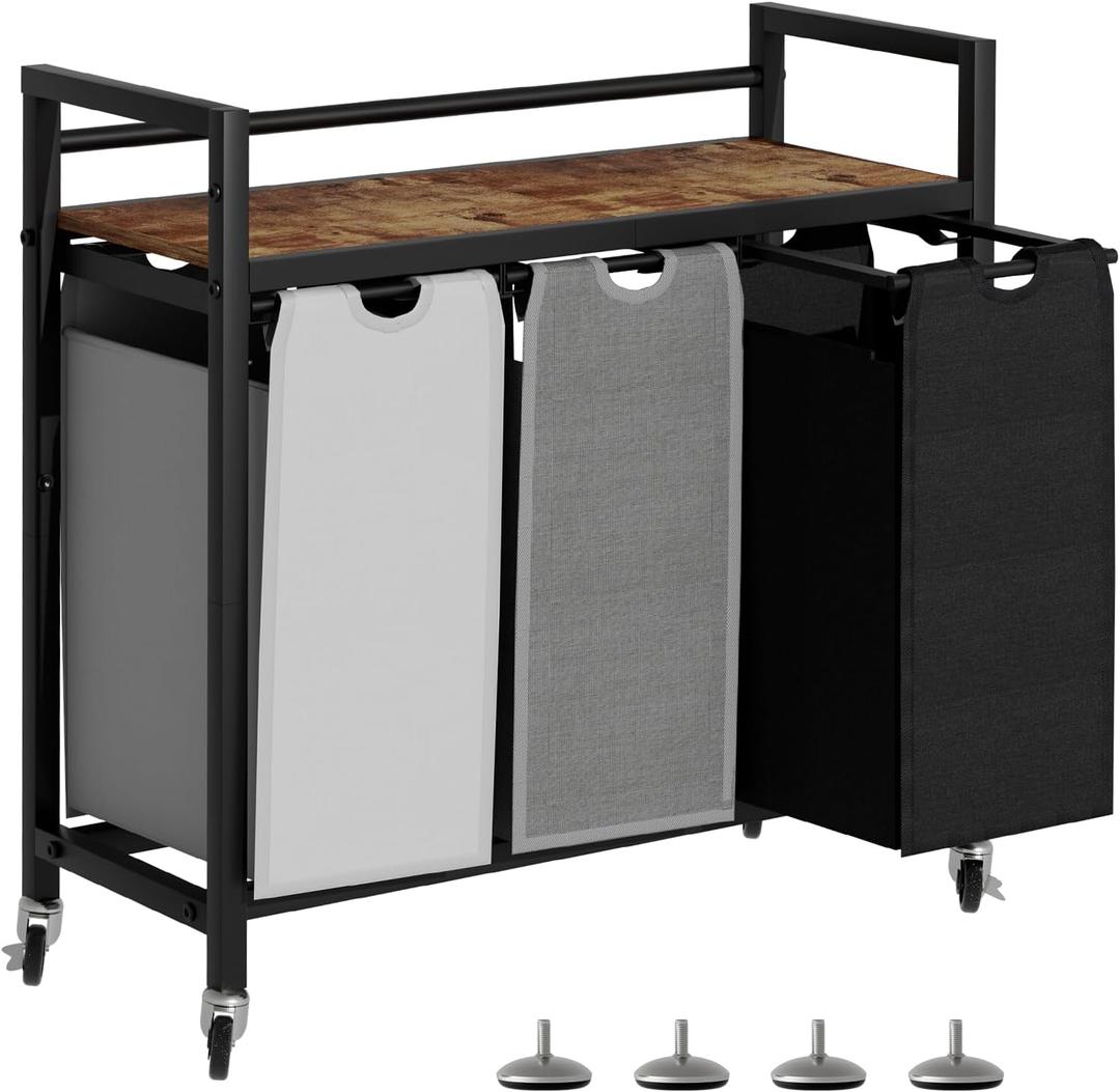 Laundry Hamper, Laundry Basket, Laundry Sorter with 3 Removable Bags, Clothes Basket with 3 Compartments, Wheels, Shelf for Laundry Room Bathroom Bedroom (3 Bags-Black Grey White)