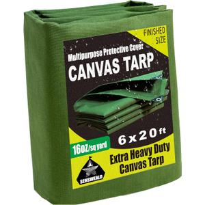 Large Heavy Duty Canvas Tarp 6x20 Feet 16oz Water-Resistant Canvas Cover with GrommetsTear Resistant, Durable, Multipurpose Protective Green Tarp Cover for Camping, Tent, Car