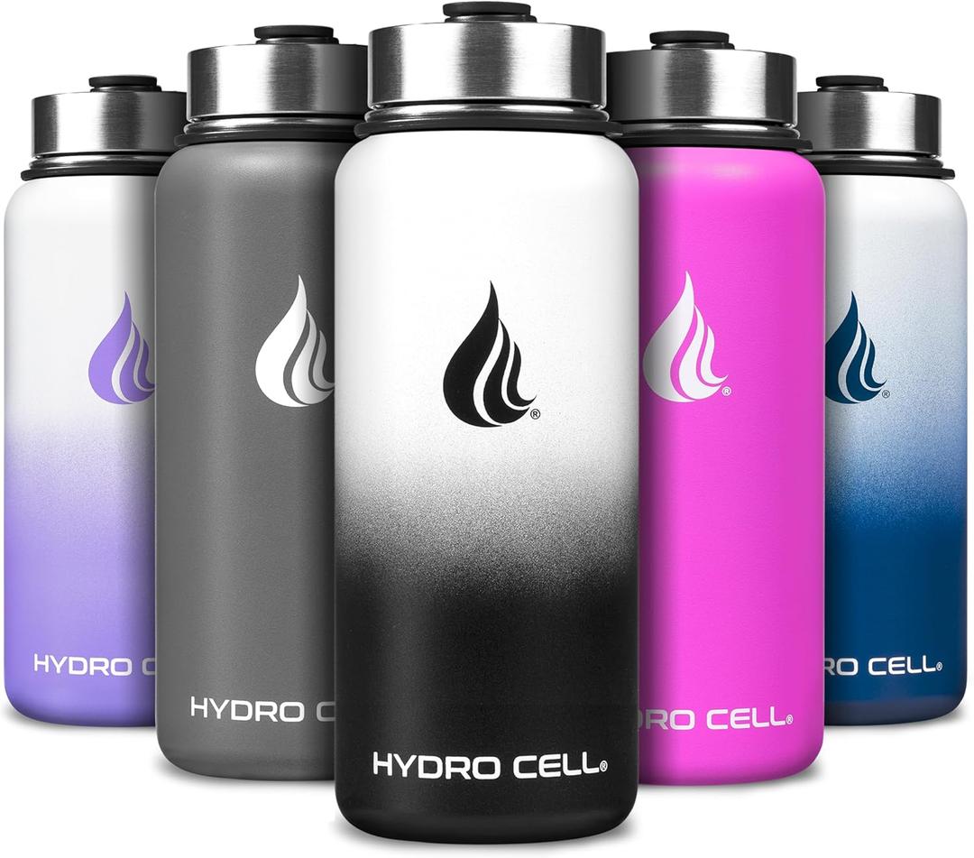 HYDRO CELL Stainless Steel Insulated Water Bottle with Straw - For Cold & Hot Drinks - Metal Vacuum Flask with Screw Cap and Modern Leakproof Sport Thermos for Adults (Black/White 32oz)