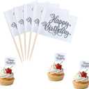 Silver Happy Birthday Cupcake Topper Flags Banner Mini Small Happy Birthday Toothpick Stick Flags Celebrating Happy Birthday Anniversary Cake Party Theme Decorations(100Pcs)