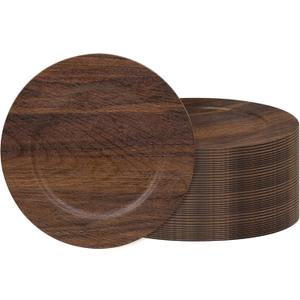 JEVERGN 40 Pack Farmhouse Charger Plates Bulk, 13'' Faux Wood Chargers for Dinner Plates, Brown Plate Chargers Set of 40, Round Plastic Charger for Wedding, Party Event, Dinner, Table Setting
