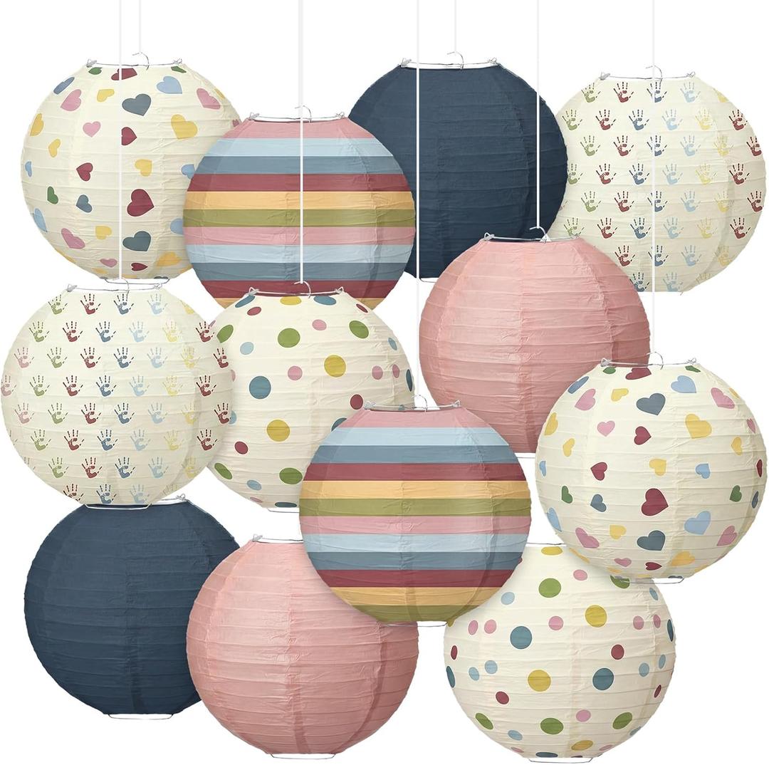 2 x Gerrii 12Pcs Back to School Paper Lantern Boho Classroom Hanging Decoration | 10 Inch Rainbow Pastel Ceiling Decoration for Teachers, Colorful Heart Handprint Stripe, First Day of School Birthday Party