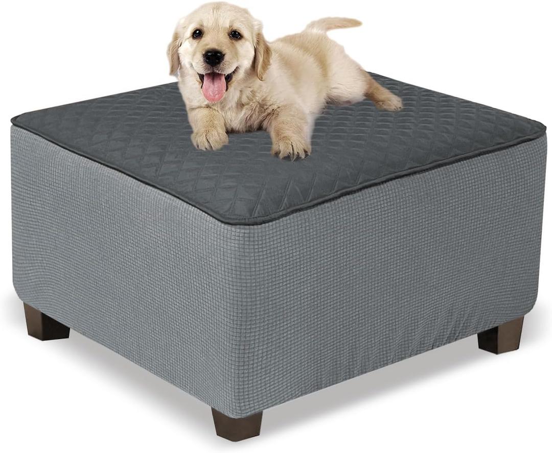 NeColorLife Ottoman Cover Square Waterproof Ottoman Slipcover Thick Storage Footrest Stool Covers Furniture Protector for Pets,Kids(Large Size,Dark Gray)
