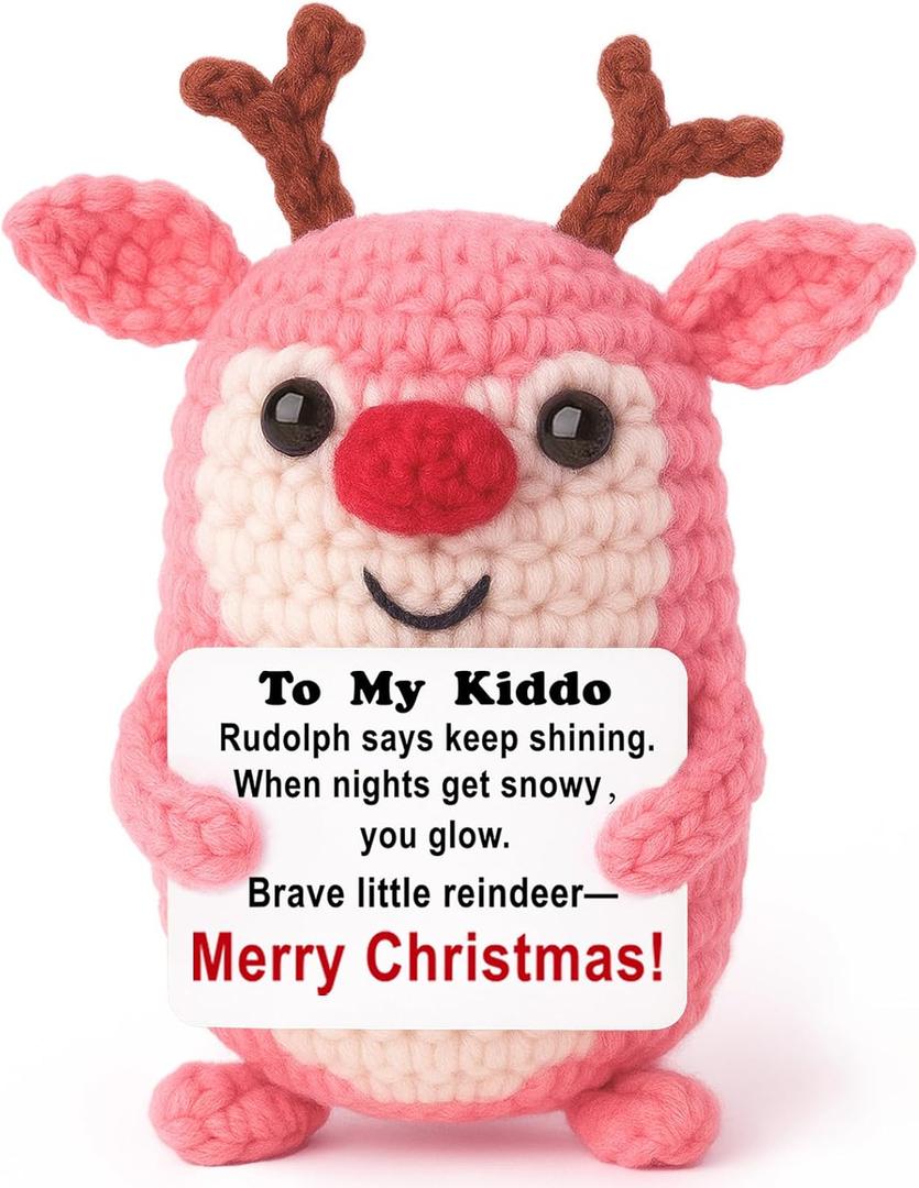 Stocking Stuffers for Teen Girls Mini Crochet Reindeer Plush with Story Pun Card, Cute, Cozy Desk/Nightstand Decor, Secret Santa, Woodland Kawaii