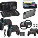 Pro Controllers Accessories Bundle for Nintendo Switch 2 18-in-1: Carrying Case, Screen Protector, Thumb Grip for Joycon, Dockable Console Protective Cover Shell, Steering Wheel, 2025 Switch2 Game Kit (2* Black Controllers (Leather Wrapped))