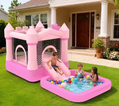 MUKDIY Inflatable Bounce House with Pool & Slide, 12x6.2ft Water Park Jumping Castle for Kids,Heavy-Duty 840D Oxford Fabric, Ages 3-8, Includes 350W Blower, 8 Stakes, (Up to 3 Kids), Light Pink