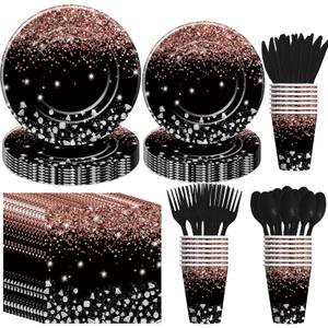 Xigejob Rose Gold And Black Party Decorations Tableware - Glitter Diamond Theme Rose Gold Party Supplies for Wedding Bridal Shower Birthday, Paper Plate, Cup, Napkin, Cutlery | Serves 24